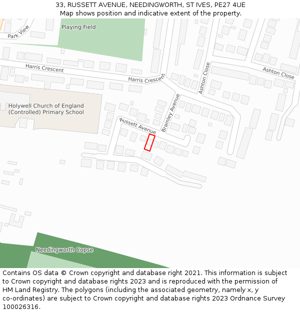 33, RUSSETT AVENUE, NEEDINGWORTH, ST IVES, PE27 4UE: Location map and indicative extent of plot