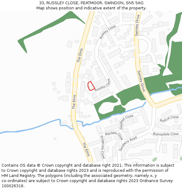 33, RUSSLEY CLOSE, PEATMOOR, SWINDON, SN5 5AG: Location map and indicative extent of plot
