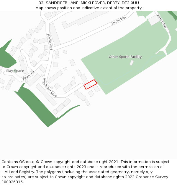 33, SANDPIPER LANE, MICKLEOVER, DERBY, DE3 0UU: Location map and indicative extent of plot