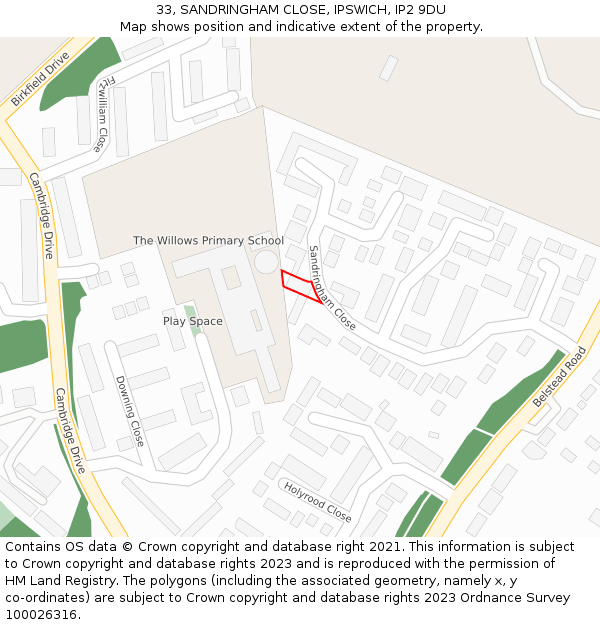 33, SANDRINGHAM CLOSE, IPSWICH, IP2 9DU: Location map and indicative extent of plot