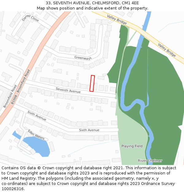 33, SEVENTH AVENUE, CHELMSFORD, CM1 4EE: Location map and indicative extent of plot