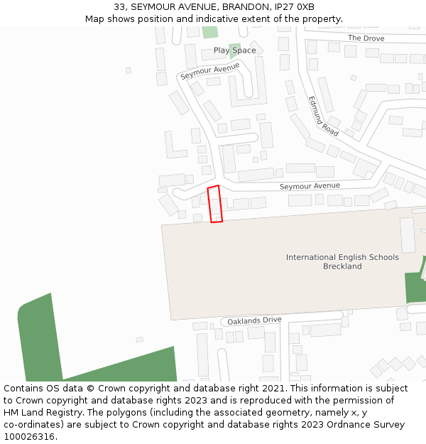 33, SEYMOUR AVENUE, BRANDON, IP27 0XB: Location map and indicative extent of plot