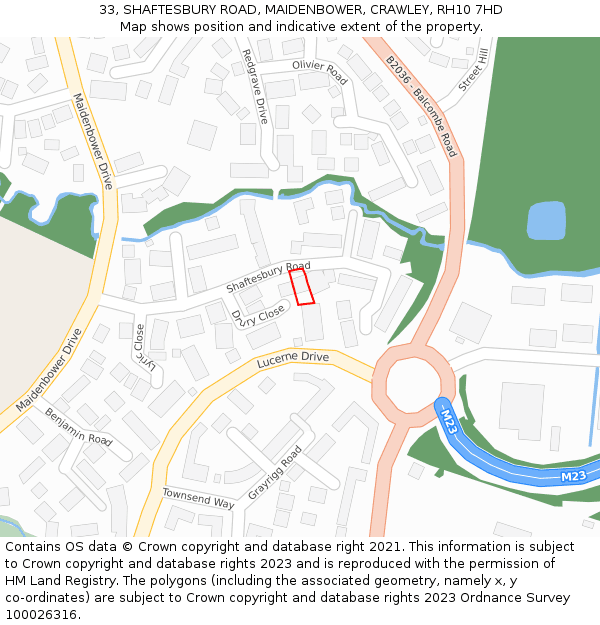 33, SHAFTESBURY ROAD, MAIDENBOWER, CRAWLEY, RH10 7HD: Location map and indicative extent of plot