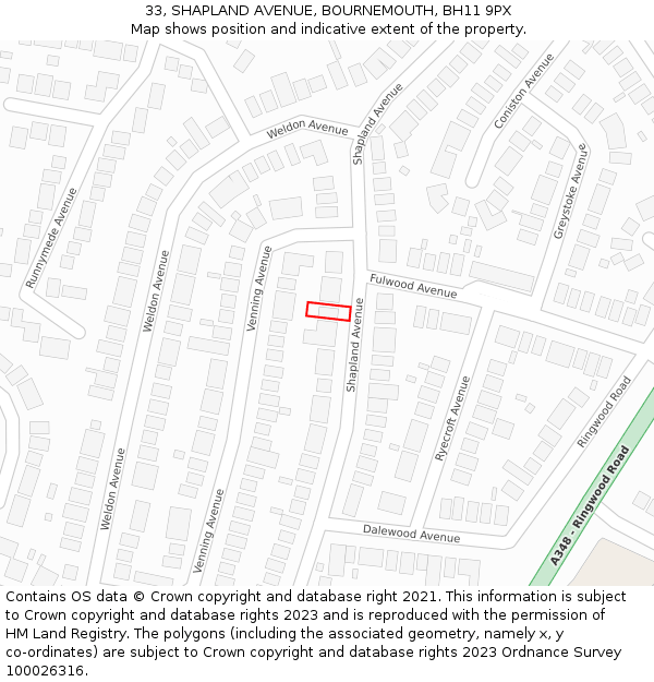 33, SHAPLAND AVENUE, BOURNEMOUTH, BH11 9PX: Location map and indicative extent of plot