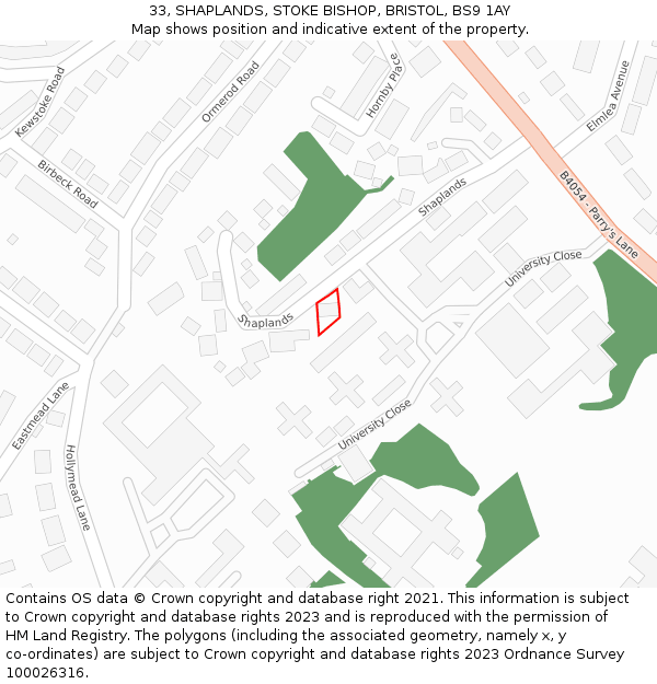 33, SHAPLANDS, STOKE BISHOP, BRISTOL, BS9 1AY: Location map and indicative extent of plot