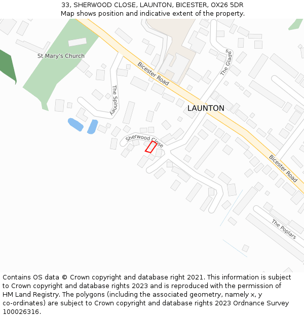 33, SHERWOOD CLOSE, LAUNTON, BICESTER, OX26 5DR: Location map and indicative extent of plot