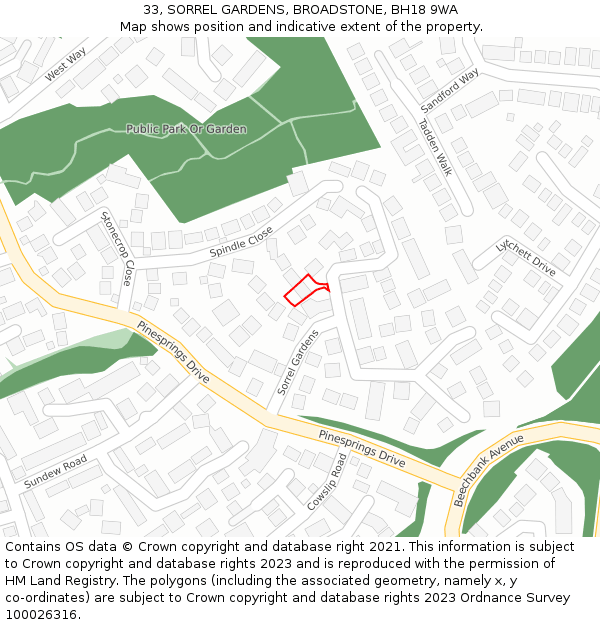 33, SORREL GARDENS, BROADSTONE, BH18 9WA: Location map and indicative extent of plot