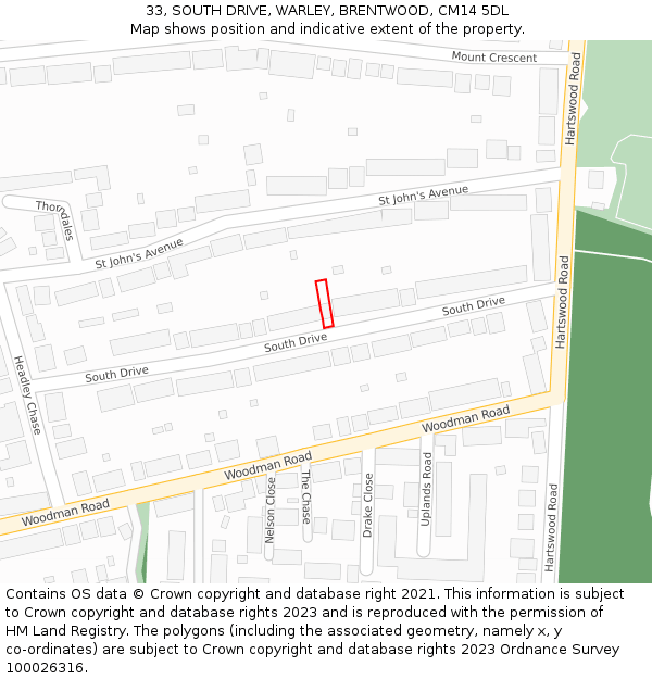 33, SOUTH DRIVE, WARLEY, BRENTWOOD, CM14 5DL: Location map and indicative extent of plot