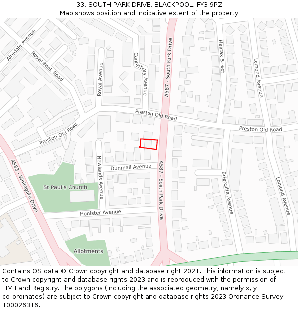 33, SOUTH PARK DRIVE, BLACKPOOL, FY3 9PZ: Location map and indicative extent of plot