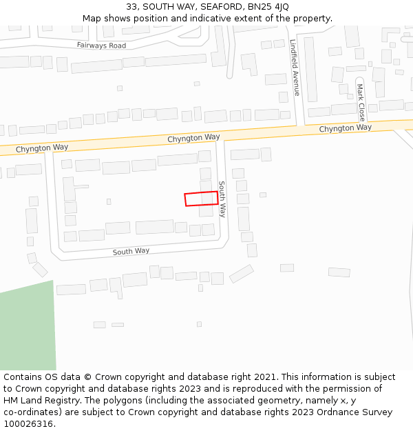 33, SOUTH WAY, SEAFORD, BN25 4JQ: Location map and indicative extent of plot