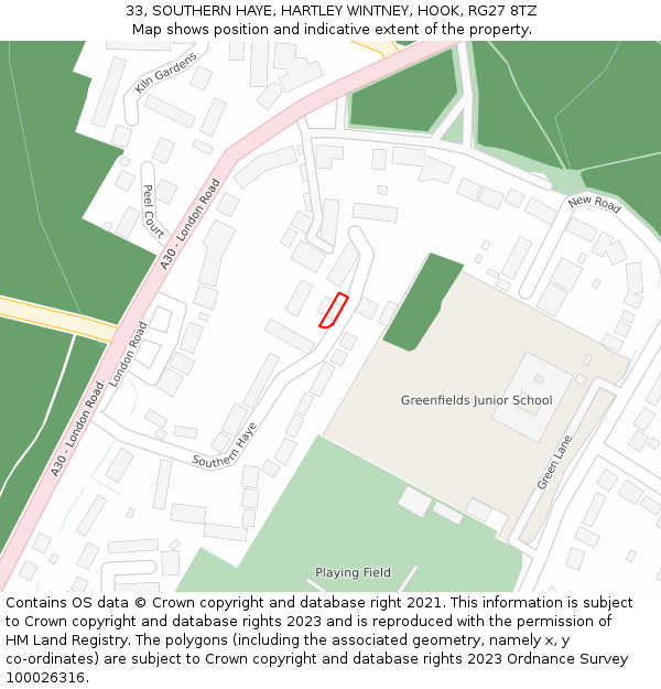 33, SOUTHERN HAYE, HARTLEY WINTNEY, HOOK, RG27 8TZ: Location map and indicative extent of plot