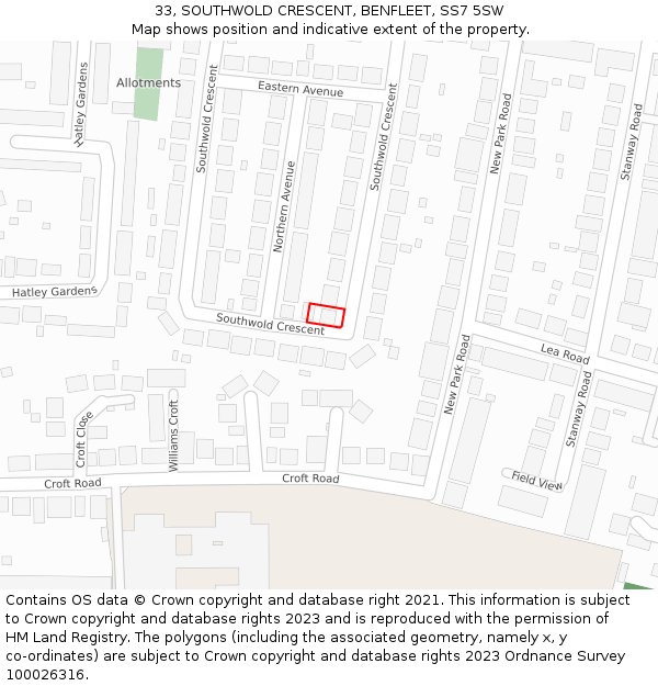 33, SOUTHWOLD CRESCENT, BENFLEET, SS7 5SW: Location map and indicative extent of plot