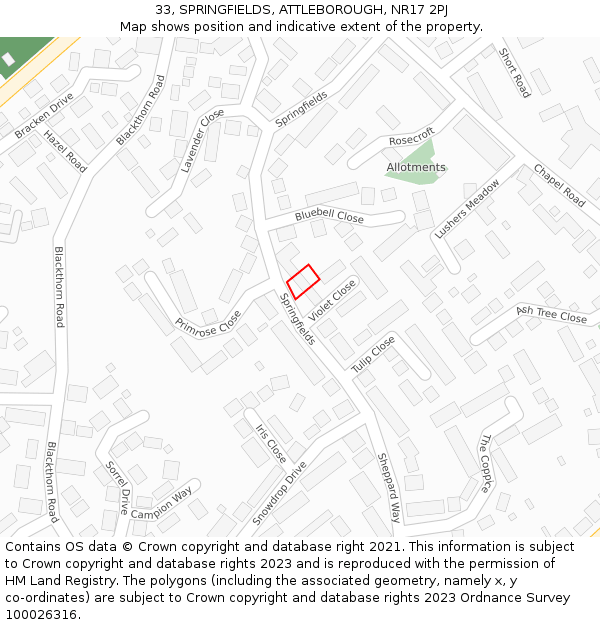 33, SPRINGFIELDS, ATTLEBOROUGH, NR17 2PJ: Location map and indicative extent of plot