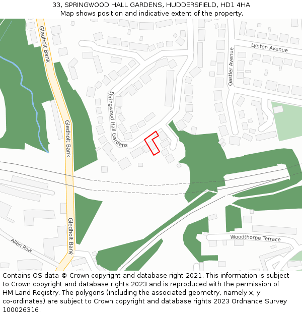 33, SPRINGWOOD HALL GARDENS, HUDDERSFIELD, HD1 4HA: Location map and indicative extent of plot