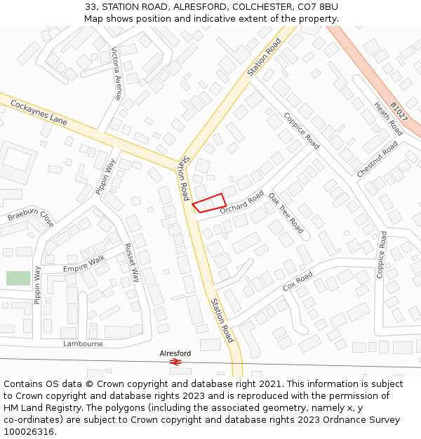 33, STATION ROAD, ALRESFORD, COLCHESTER, CO7 8BU: Location map and indicative extent of plot