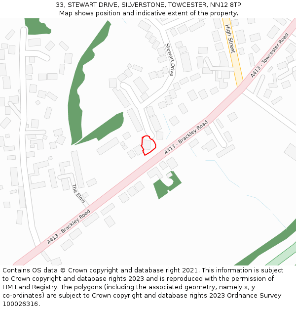 33, STEWART DRIVE, SILVERSTONE, TOWCESTER, NN12 8TP: Location map and indicative extent of plot