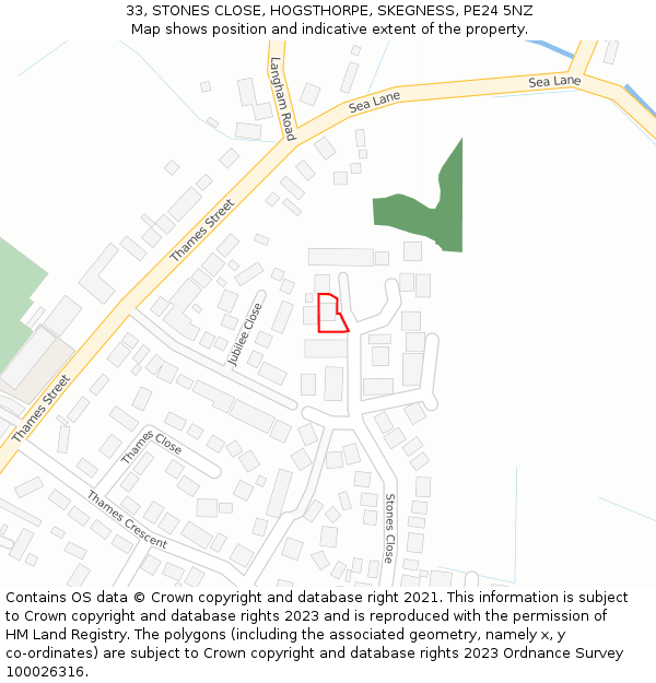 33, STONES CLOSE, HOGSTHORPE, SKEGNESS, PE24 5NZ: Location map and indicative extent of plot