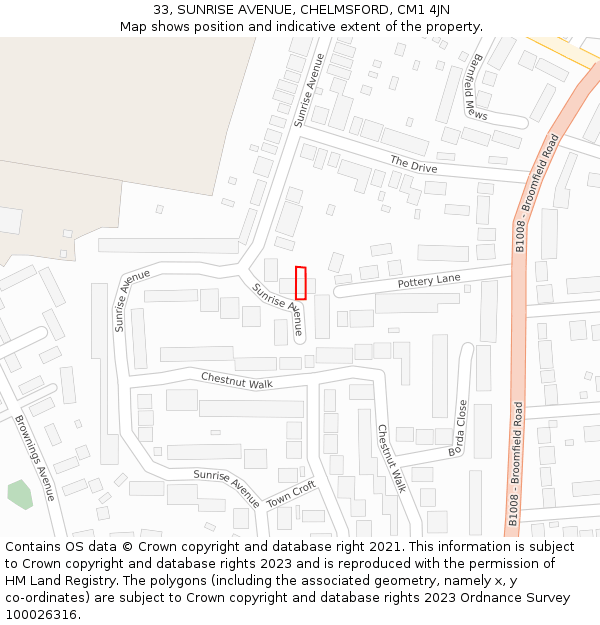33, SUNRISE AVENUE, CHELMSFORD, CM1 4JN: Location map and indicative extent of plot