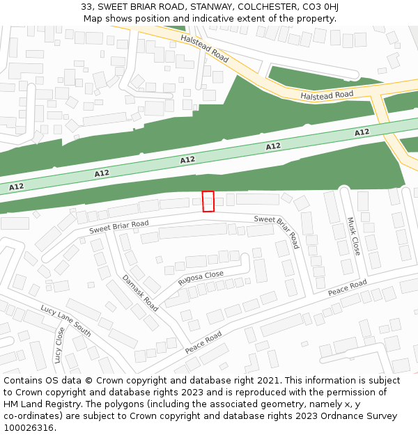 33, SWEET BRIAR ROAD, STANWAY, COLCHESTER, CO3 0HJ: Location map and indicative extent of plot