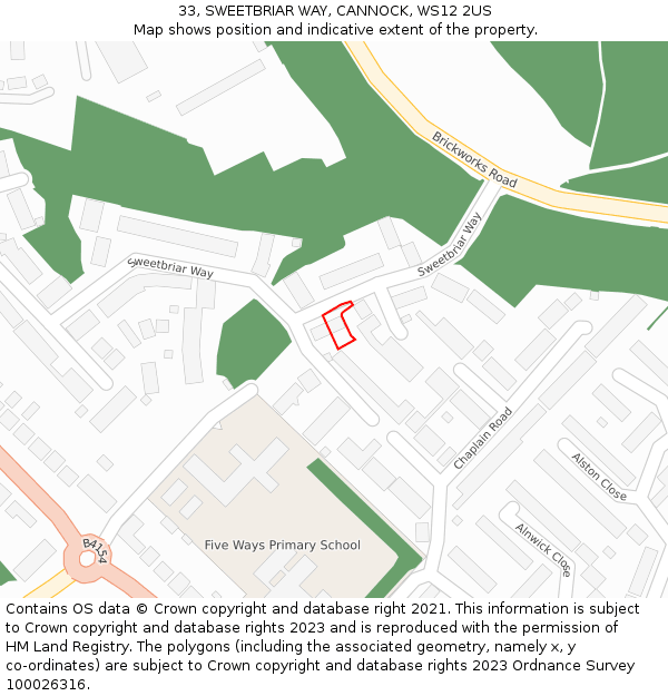 33, SWEETBRIAR WAY, CANNOCK, WS12 2US: Location map and indicative extent of plot