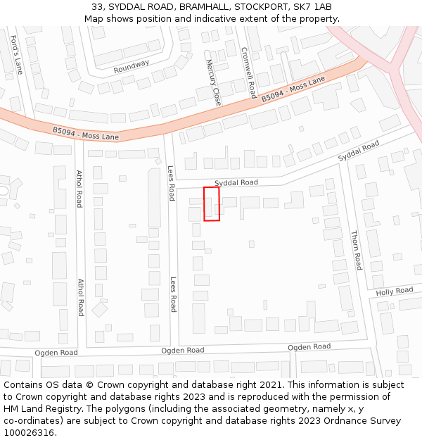 33, SYDDAL ROAD, BRAMHALL, STOCKPORT, SK7 1AB: Location map and indicative extent of plot