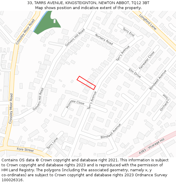33, TARRS AVENUE, KINGSTEIGNTON, NEWTON ABBOT, TQ12 3BT: Location map and indicative extent of plot