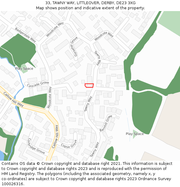 33, TAWNY WAY, LITTLEOVER, DERBY, DE23 3XG: Location map and indicative extent of plot