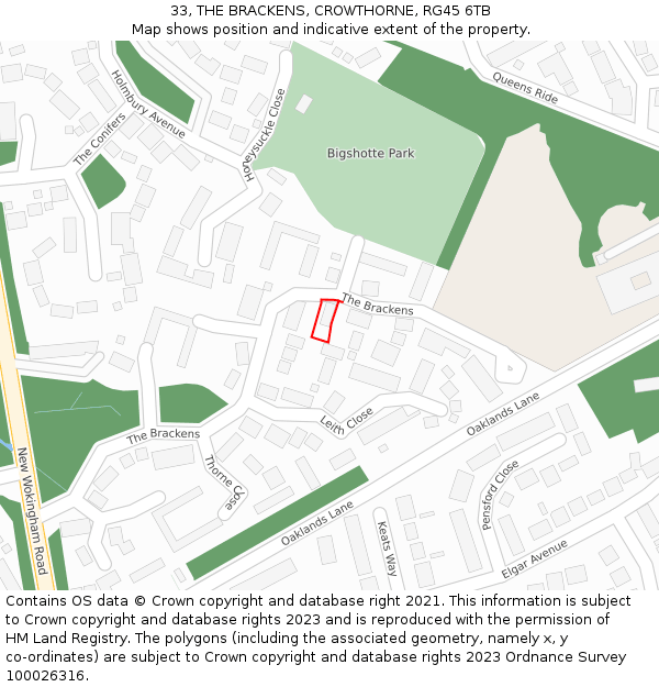 33, THE BRACKENS, CROWTHORNE, RG45 6TB: Location map and indicative extent of plot