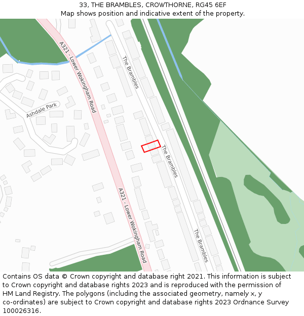 33, THE BRAMBLES, CROWTHORNE, RG45 6EF: Location map and indicative extent of plot