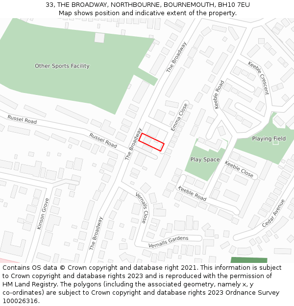 33, THE BROADWAY, NORTHBOURNE, BOURNEMOUTH, BH10 7EU: Location map and indicative extent of plot
