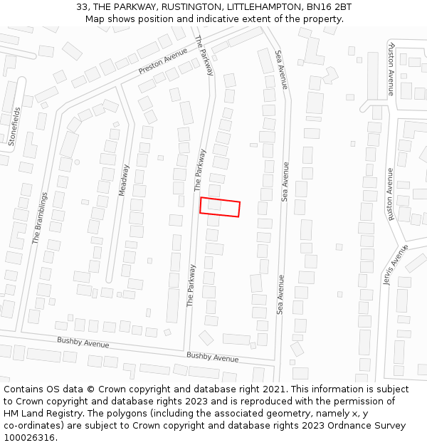 33, THE PARKWAY, RUSTINGTON, LITTLEHAMPTON, BN16 2BT: Location map and indicative extent of plot