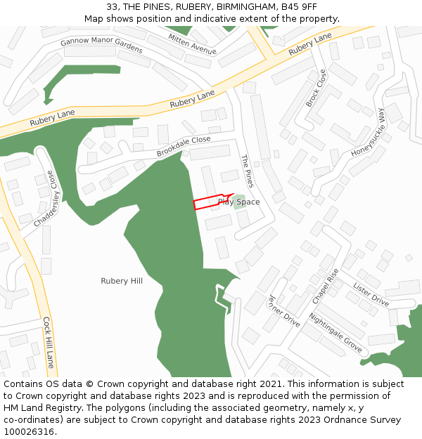 33, THE PINES, RUBERY, BIRMINGHAM, B45 9FF: Location map and indicative extent of plot