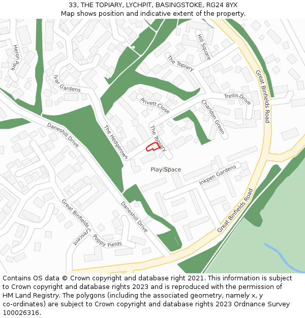 33, THE TOPIARY, LYCHPIT, BASINGSTOKE, RG24 8YX: Location map and indicative extent of plot