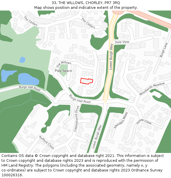 33, THE WILLOWS, CHORLEY, PR7 3RQ: Location map and indicative extent of plot