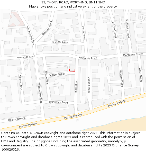 33, THORN ROAD, WORTHING, BN11 3ND: Location map and indicative extent of plot