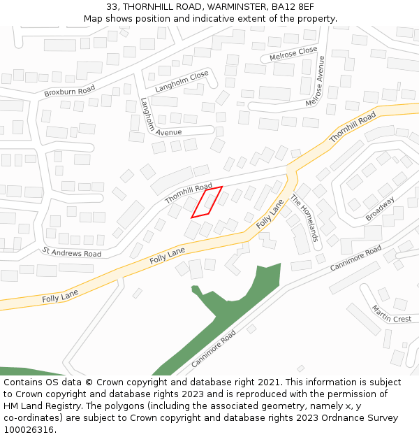 33, THORNHILL ROAD, WARMINSTER, BA12 8EF: Location map and indicative extent of plot