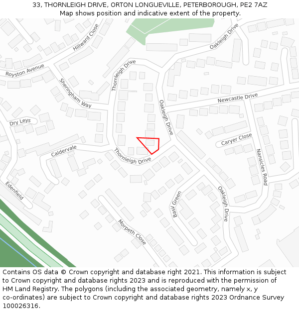 33, THORNLEIGH DRIVE, ORTON LONGUEVILLE, PETERBOROUGH, PE2 7AZ: Location map and indicative extent of plot