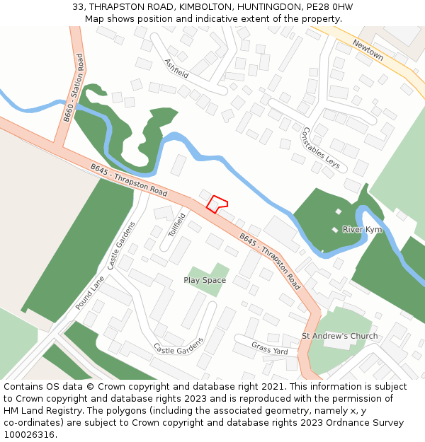 33, THRAPSTON ROAD, KIMBOLTON, HUNTINGDON, PE28 0HW: Location map and indicative extent of plot