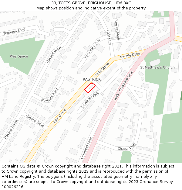 33, TOFTS GROVE, BRIGHOUSE, HD6 3XG: Location map and indicative extent of plot