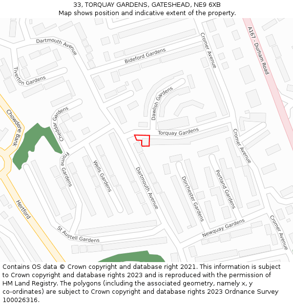 33, TORQUAY GARDENS, GATESHEAD, NE9 6XB: Location map and indicative extent of plot