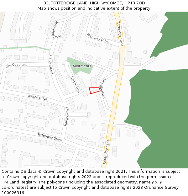 33, TOTTERIDGE LANE, HIGH WYCOMBE, HP13 7QD: Location map and indicative extent of plot