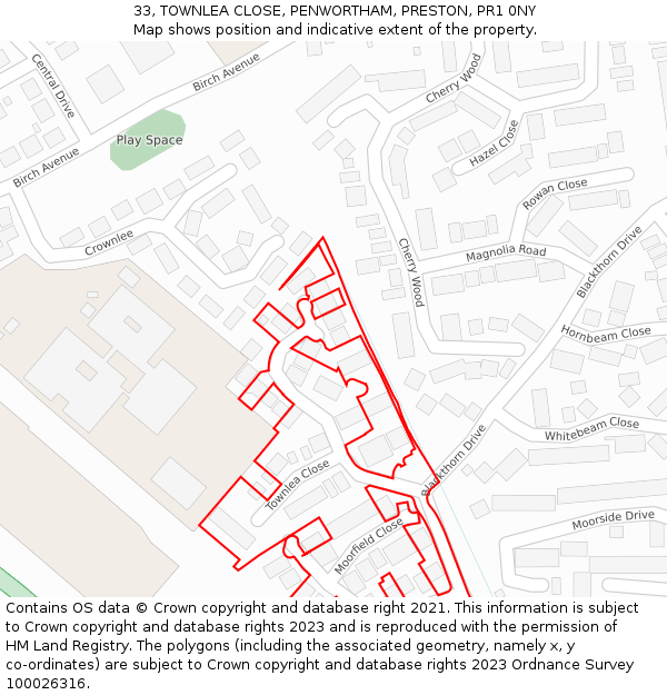33, TOWNLEA CLOSE, PENWORTHAM, PRESTON, PR1 0NY: Location map and indicative extent of plot