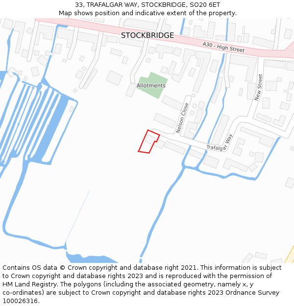 33, TRAFALGAR WAY, STOCKBRIDGE, SO20 6ET: Location map and indicative extent of plot