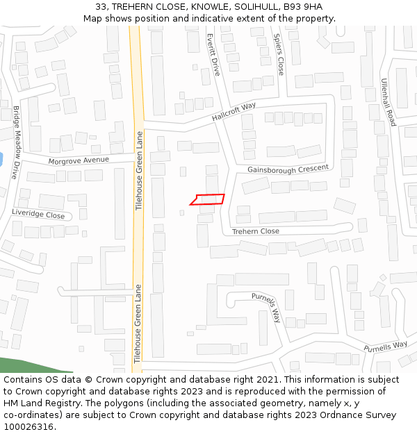 33, TREHERN CLOSE, KNOWLE, SOLIHULL, B93 9HA: Location map and indicative extent of plot