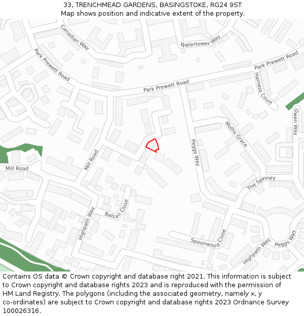 33, TRENCHMEAD GARDENS, BASINGSTOKE, RG24 9ST: Location map and indicative extent of plot