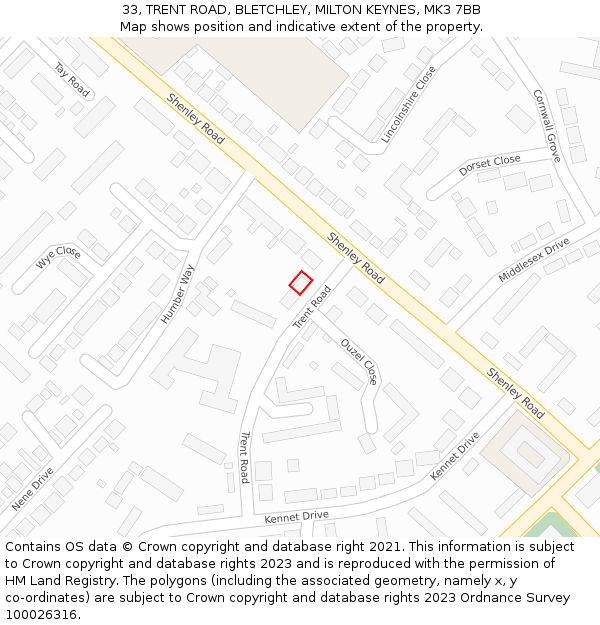 33, TRENT ROAD, BLETCHLEY, MILTON KEYNES, MK3 7BB: Location map and indicative extent of plot