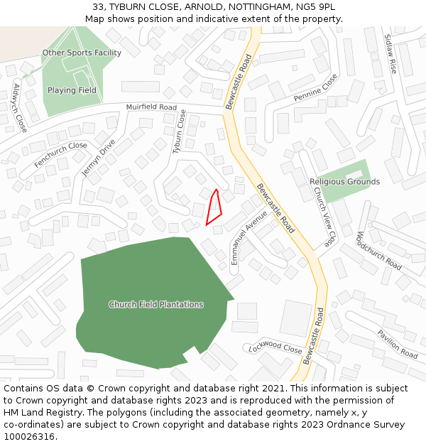 33, TYBURN CLOSE, ARNOLD, NOTTINGHAM, NG5 9PL: Location map and indicative extent of plot