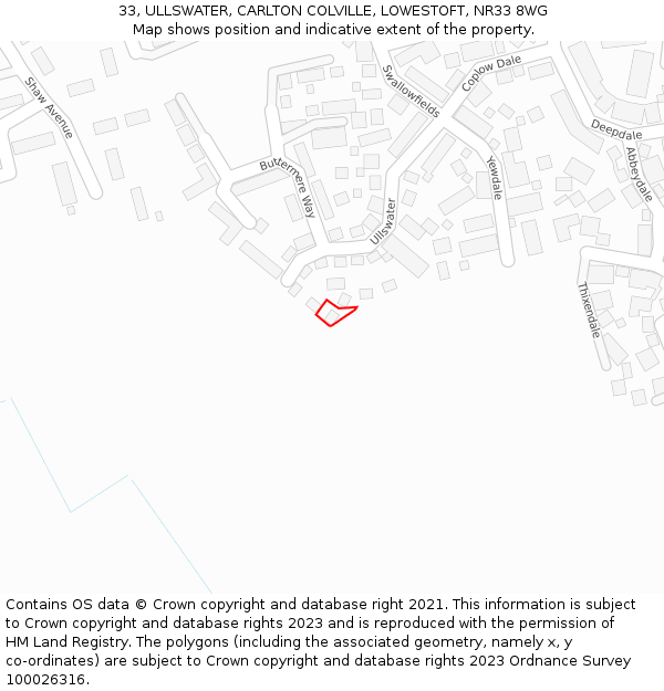 33, ULLSWATER, CARLTON COLVILLE, LOWESTOFT, NR33 8WG: Location map and indicative extent of plot