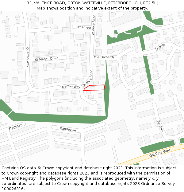 33, VALENCE ROAD, ORTON WATERVILLE, PETERBOROUGH, PE2 5HJ: Location map and indicative extent of plot