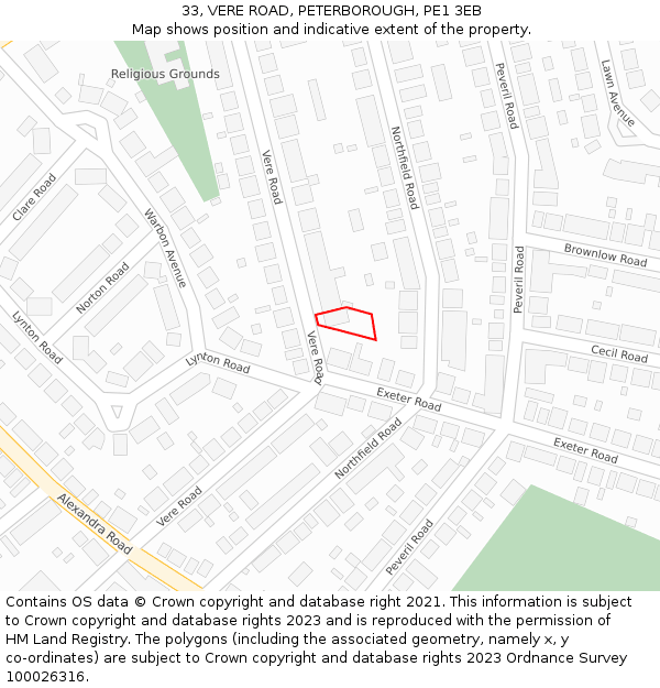 33, VERE ROAD, PETERBOROUGH, PE1 3EB: Location map and indicative extent of plot